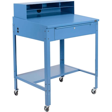 Global Industrial Sloped Mobile Shop Desk w/ Pigeonhole Riser, 34-1/2inW x 30inD, Blue 254635CBL